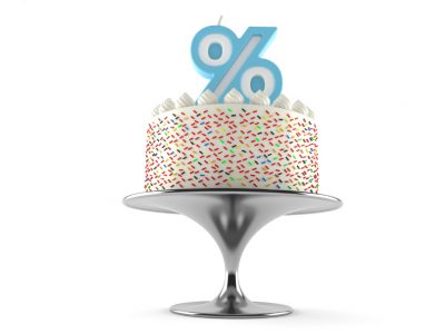 cake with hundreds and thousands and percentage sign candle